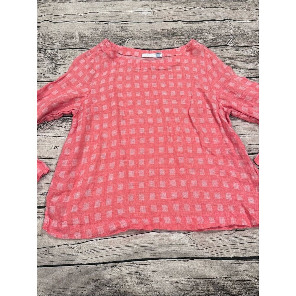 Sigrid Olsen Coral Checkered Linen Popover Top Size Large